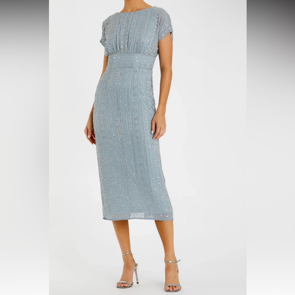 Mac Duggal Blue beaded cap sleeve empire waist sheath midi dress